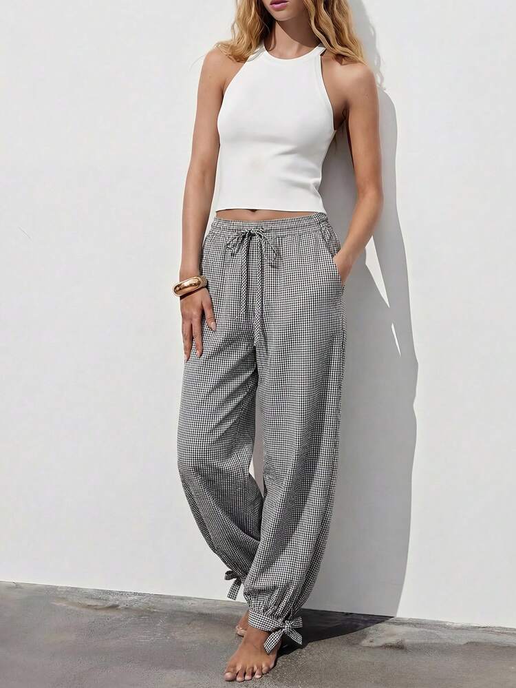 SHEIN Maija Women's Casual Plaid Drawstring Ankle Pants