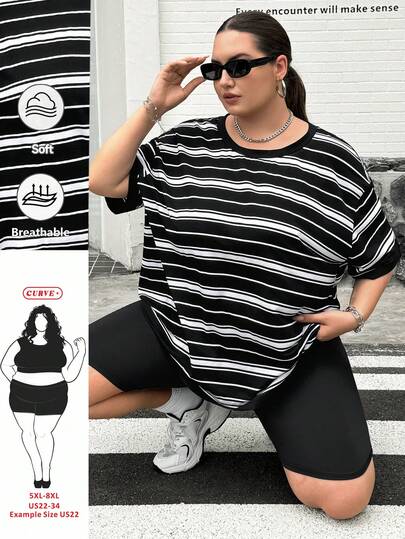 SHEIN CURVE+ Plus Size Striped Print Loose Fit Round Neck Short Sleeve T-Shirt