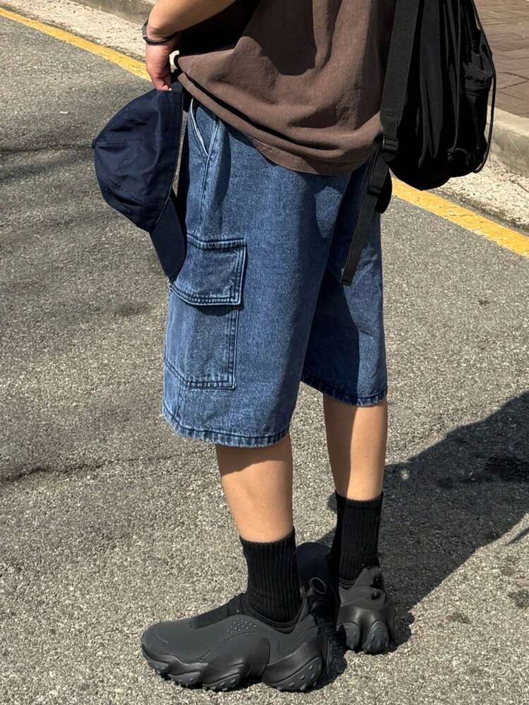 Men's Blue Washed Distressed Elastic Waist Pocket Design Denim Shorts, Summer