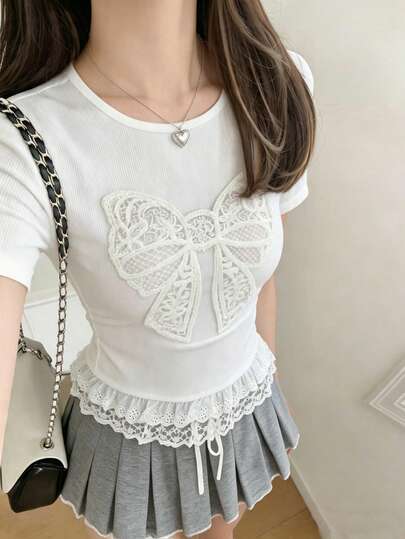 FRIFUL 女士纯色蕾丝拼接优雅圆领短袖T恤