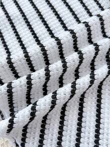 少女/青少年女孩条纹提花吊带泳衣套装，黑白相间，荷叶边挂脖设计，沙滩/度假休闲款 - 白色 - 查看 7