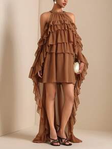 Vesra 女士夏季沙滩度假雪纺多层荷叶边披肩连衣裙 - 棕色 - 查看 3