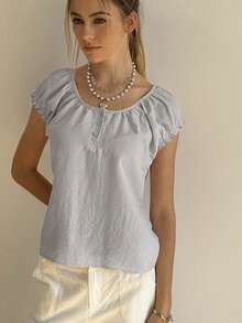 SHEIN Bubbli Camiseta de mujer de unicolor con cuello de volantes, uso diario minimalista - Gris - Ver 5