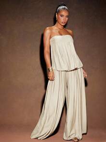 Hauture Women's Solid Color Pleated Design Fashion Bandeau Top - Apricot - View 3