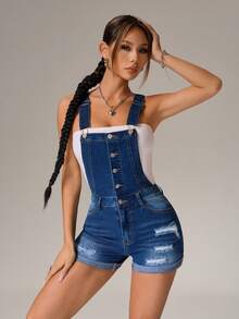 SHEIN PETITE Women's Fashion Distressed Denim Bib Overalls - Blue - View 8