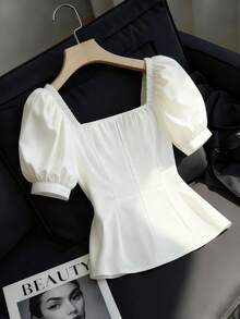 SHEIN Franclia 女款優雅白色夏季泡泡袖方領上衣，純色可愛襯衫，約會穿搭乳女風上衣，短袖上衣 - 白色 - 查看 2
