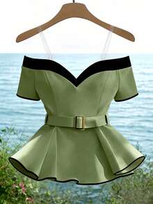 SHEIN Franclia Women's Elegant Fashion Minimalist Versatile Black & White Contrast Metal Sun Buckle Decor Ruffle Hem Blouse, Summer - Army Green - View 5