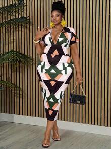 Villa Velisse Plus Size Contrast Color Print V-Neck Short Sleeve Dress - Multicolor - View 1