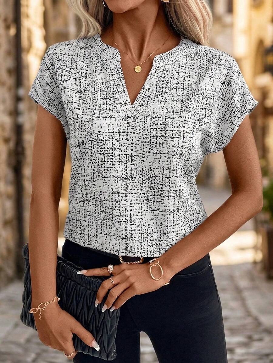 Editum Women's Elegant Fashion Printed V-Neck Blouse Blouses For Women Elegant Casual V Neck Blouse Women Office Tops Women Short Sleeve Tops Business Casual Women Tops,Summer Top - White - View 1