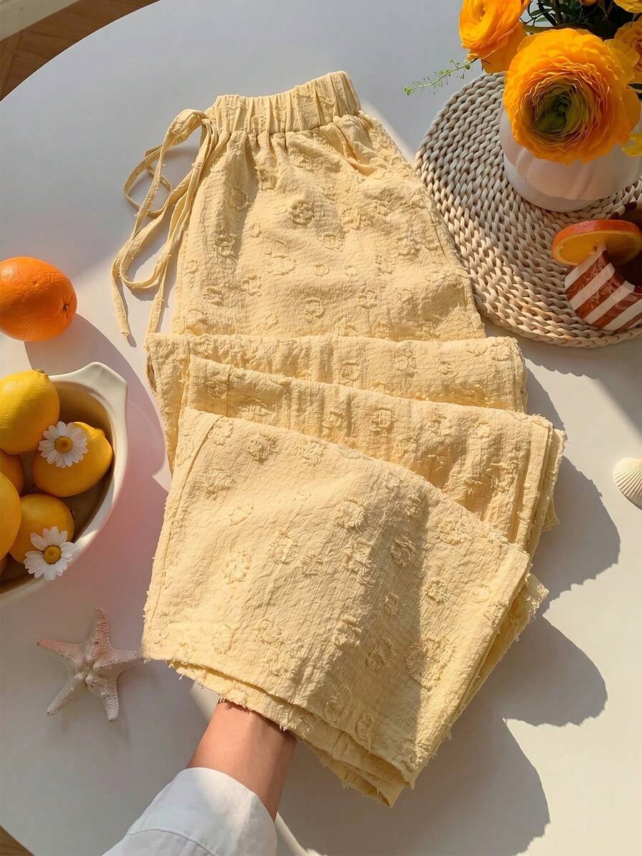 Glamine 女士提花梭织阔腿裤，休闲优雅乡村风，适合海滩、度假和日常穿着，夏季 - 鵝黃色 - 查看 1