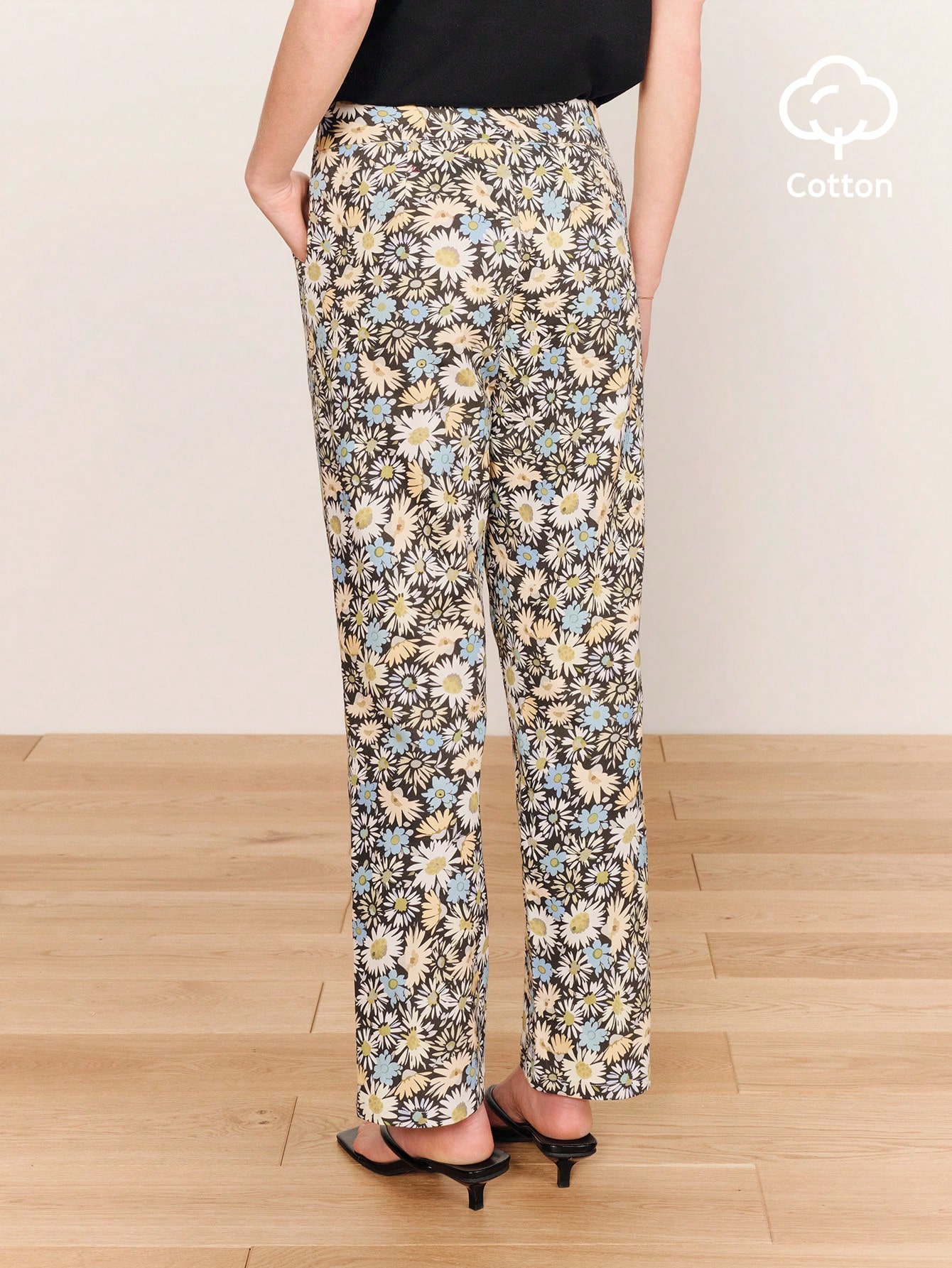 Black Vintage Style Floral Print Button Front High Waisted Trouser Cotton Pants Ditsy Pants Holiday Outfit Business Casual Outfit Spring Summer French Style Parisian Style Casual Outfit For Women