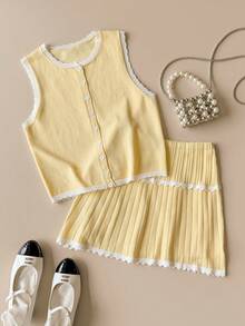 Muvela Women's Summer Casual Contrast Color Wavy Shell Trim Front Button Cardigan Round Neck Knit Vest, Suitable For Brunch, Outings, Dates, Commuting, Cruise Vacations, Ideal For Ladies' Ibiza Trip. Yellow Set, Women's Work Attire. - Yellow - View 6