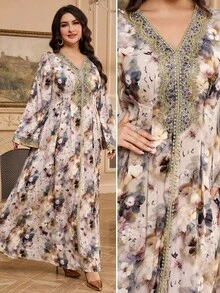 Al Najma Áo dài in hoa thanh lịch cỡ lớn dành cho nữ & váy maxi truyền thống Ả Rập, kaftan khiêm tốn - Hồng - Xem 6