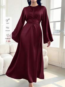 Modelyn Vestido elegante de satén color rojo burdeos con cintura ceñida para mujer, vestido largo de fiesta elegante para eventos de noche - Burdeos - Ver 9