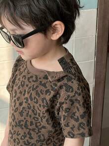 DAZY 2pcs Baby Boy Leopard Print Round Neck Short Sleeve T-Shirt And Shorts Set Summer - Coffee Brown - View 2