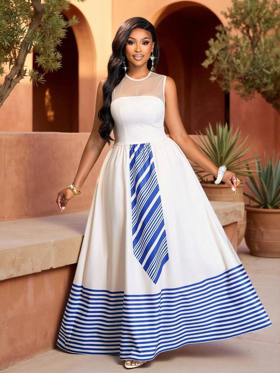 女士性感夏日连衣裙：网纱拼接，A字廓形，凸显腰线（无袖），条纹印花。完美适用于浪漫约会、度假、派对、节日、休闲外出、复活节、狂欢节、婚礼季及类似场合。 - 藍色 - 查看 1