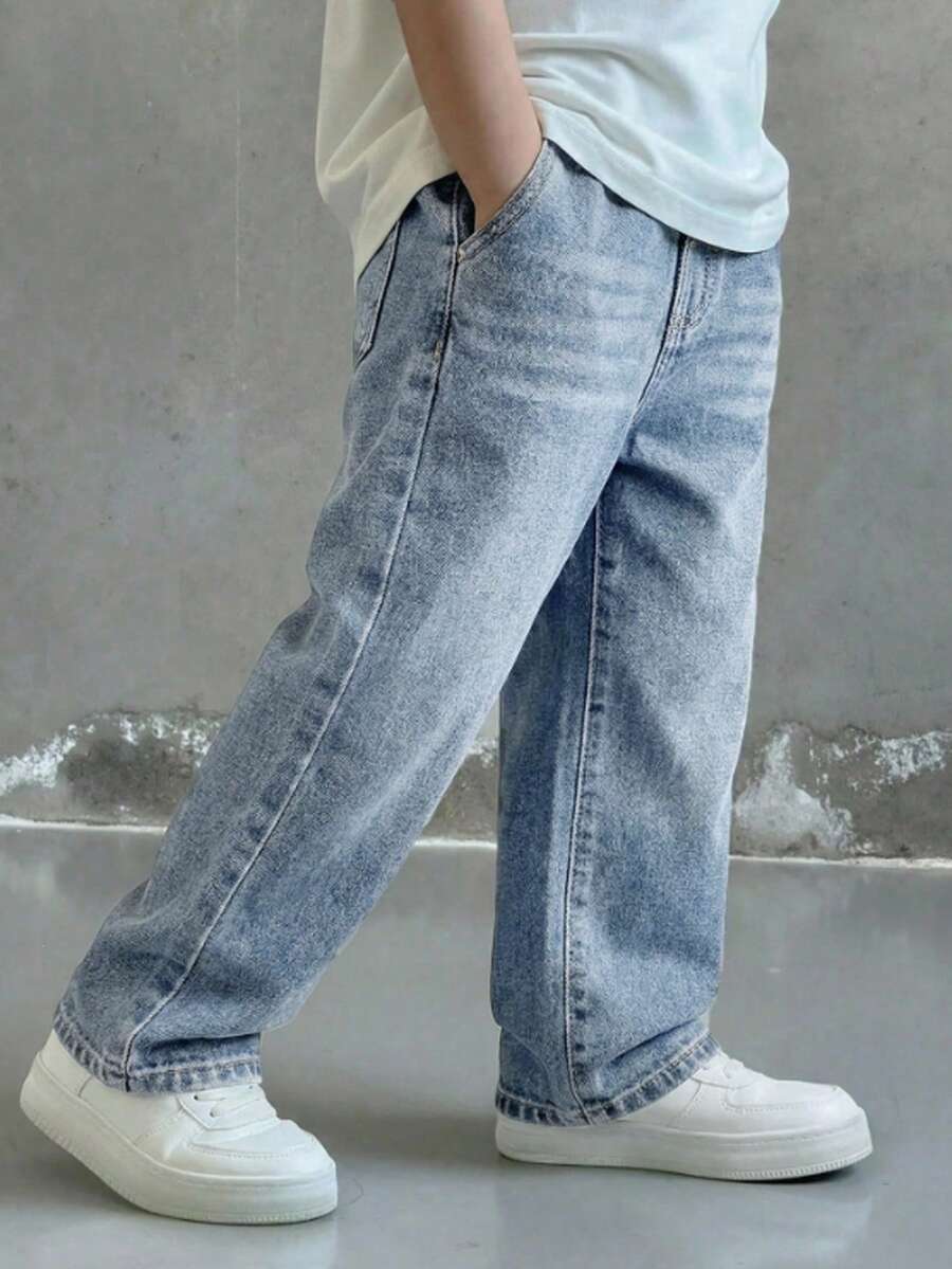 SHEIN Little Byeori 男童宽松直筒蓝色牛仔裤 - 淺色水洗藍 - 查看 1