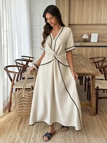 Louniche Apricot Short Sleeve Dress With Black Contrast Trim, Spring/Summer Vacation Wear - Apricot - View 3