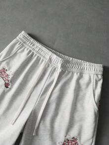 PAVTROS Men's Casual Straight Floral Embroidered Gray Shorts, Elastic Waist Knee-Length Pants, Fashionable Choice - Grey - View 4