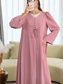 SHEIN Najma Bata suelta con cuello en V, mangas acampanadas y abertura frontal, color rosa, para primavera/verano - Rosa - Ver 5