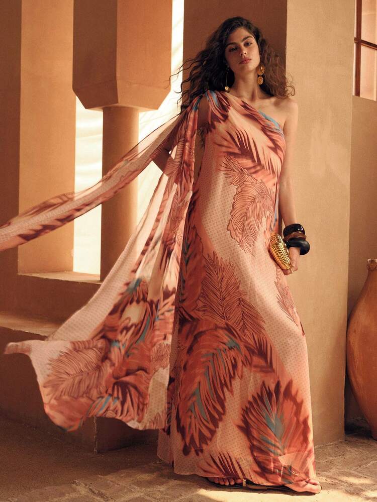 WOMEN'S ASYMMETRICAL NECK CHIFFON PRINTED DRESS FOR VACATION