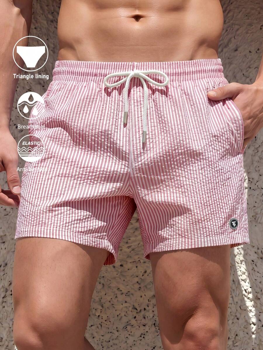 Azuldrift Men's Summer Striped Drawstring Waist Beach Shorts Holiday / Vacation / Beach / Hawaii / Tropical / Swim / Bathing - Pink - View 1