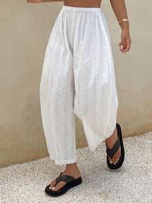 Livesso Quần pajama ống rộng màu trơn có dây rút ở eo dành cho nữ - trắng - Xem 10