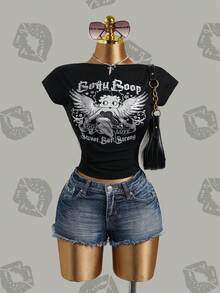 Betty Boop x SHEIN 女士圆领短款修身休闲T恤 - 黑色 - 查看 1