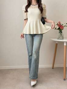 FRIFUL Women's Contrast Color Patchwork Sheer Lace Slim Fit T-Shirt, Versatile For Spring & Summer - Beige - View 2