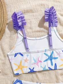 SHEIN Young Girls Tankinis 2-Piece Swimwear Set,Lavender Ruffle Starfish Printed Knit Sleeveless Swimsuit,Summer,Beach,Family Vacation,Holiday Pool Party - Purple - View 5