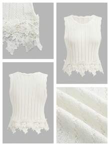 MAIJA Boho Striped Open Knit Lace Trim Sleeveless Vacation Tank Top - White - View 8