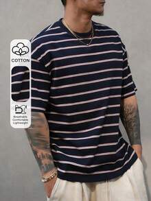DAZY 男士休闲撞色条纹印花宽松落肩T恤，适合夏季度假和日常通勤 - 藏蓝色 - 查看 3