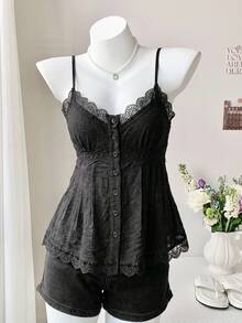 Comfortcana Plus Size Women's Solid Color Lace Ruffle Hem Casual Camisole, Spring/Summer, Outdoor Top, Black - Black - View 6