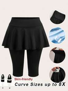 SHEIN CURVE+ Leggings de talla grande de un solo color 2 en 1 - Negro - Ver 2