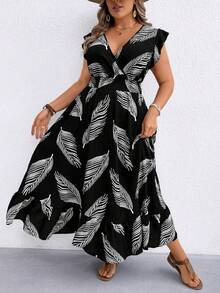 Linhara CURVE Rochie de plajă cu imprimeu floral, stil boem, pentru femei, mărime plus, primăvară/vară, cu mânecă lungă, fără spate, cu mânecă lungă - Negru - Vizualizare 3