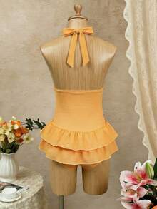 白色和粉色纹理面料露背吊带深V领双层荷叶边下摆沙滩泳池派对可爱甜美泳装裙 - 橘色 - 查看 2