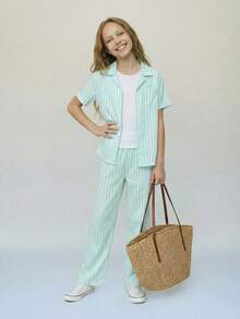 SHEIN Casuvi Kids Tween Girls Casual Striped Shirt & Pants T-Shirt Set, Suitable For Vacation, Outing, School, Ins Style Baby Blue Baggy - Green - View 1
