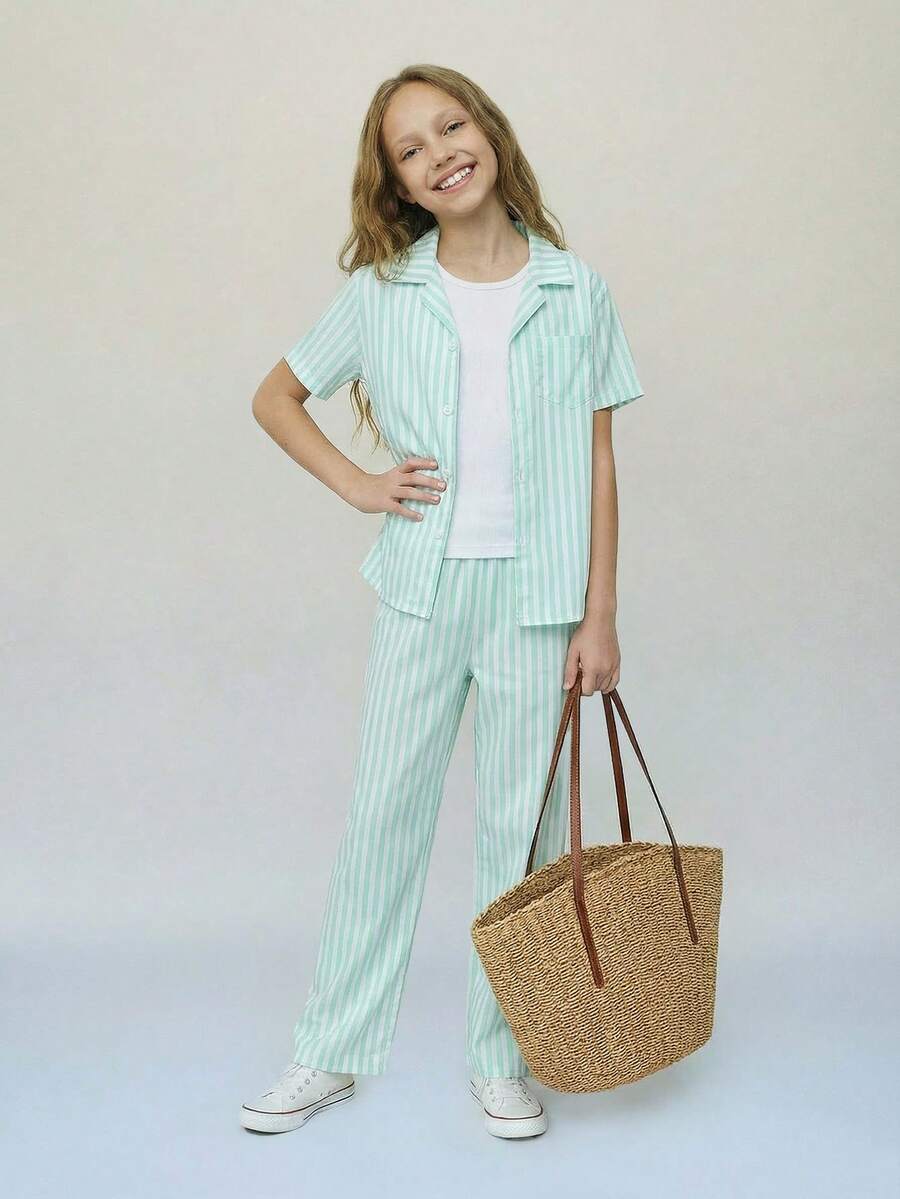 SHEIN Casuvi Kids Tween Girls Casual Striped Shirt & Pants T-Shirt Set, Suitable For Vacation, Outing, School, Ins Style Baby Blue Baggy - Green - View 1