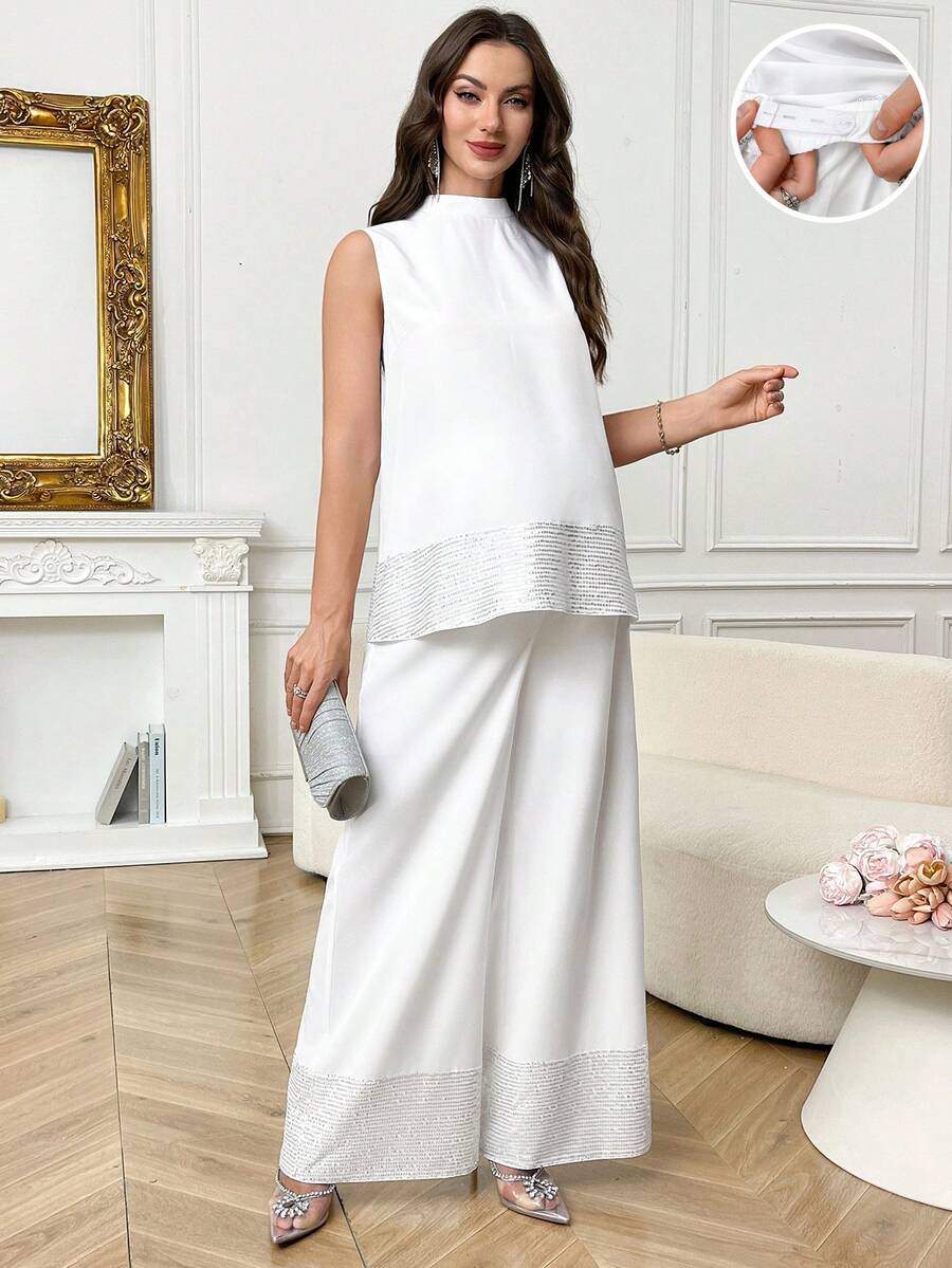 SHEIN 两件套孕妇亮片拼接无袖上衣和阔腿裤休闲套装 - 白色 - 查看 1