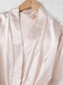 Camisón largo de manga larga para niñas, tela de satén rosa con estampado en la espalda, ropa de estar en casa con cintura anudada - Champán - Ver 4
