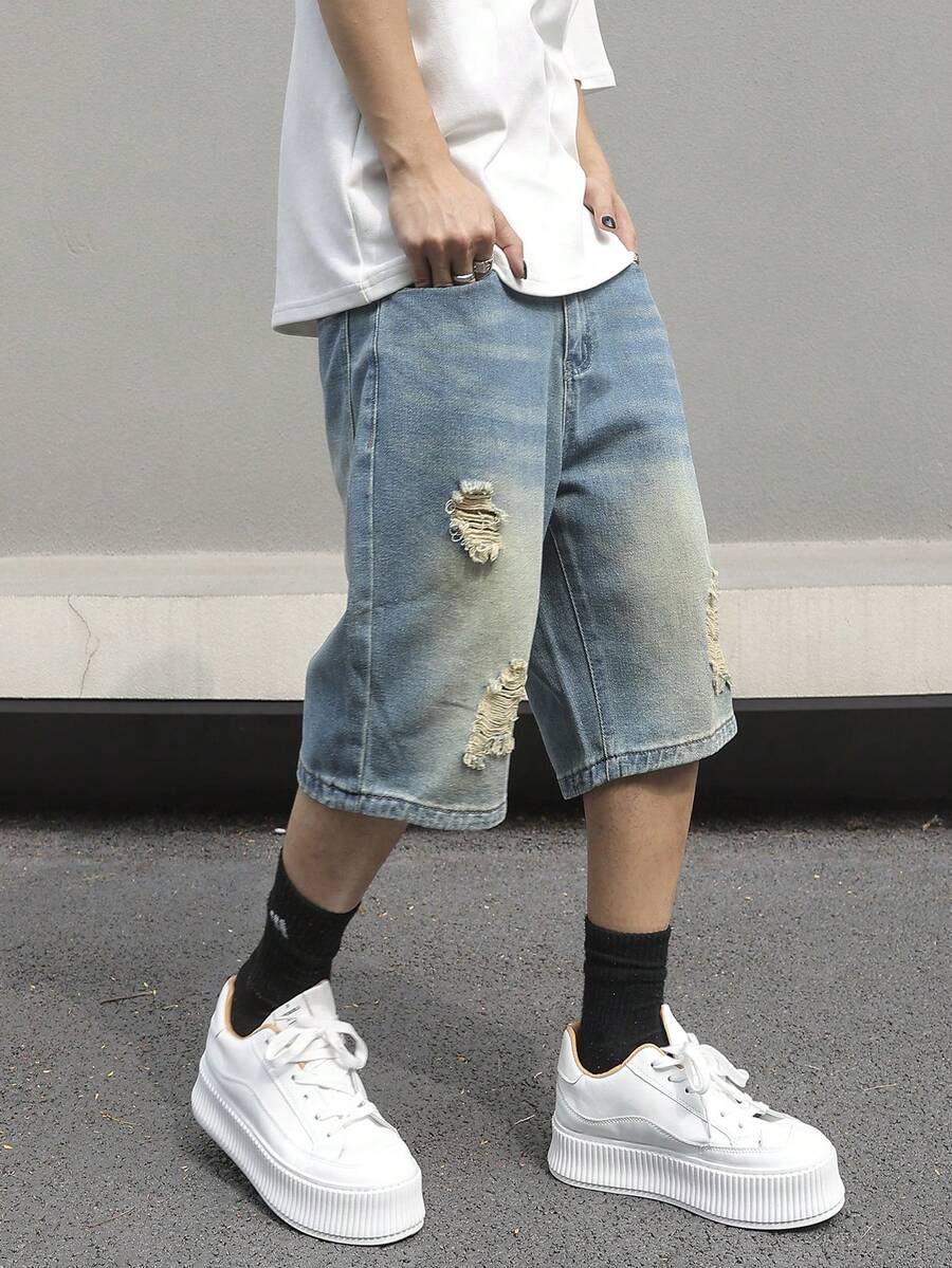 Manfinity EMRG Men's Vintage Washed Blue Wide Leg Denim Shorts, Fashionable Distressed Slim Fit Shorts For Summer - Medium Wash - View 1
