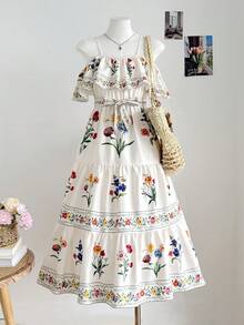 SHEIN 少女优雅露肩荷叶边领A字连衣裙，适合夏季、度假、婚礼、生日、节日等场合 - 白色 - 查看 9