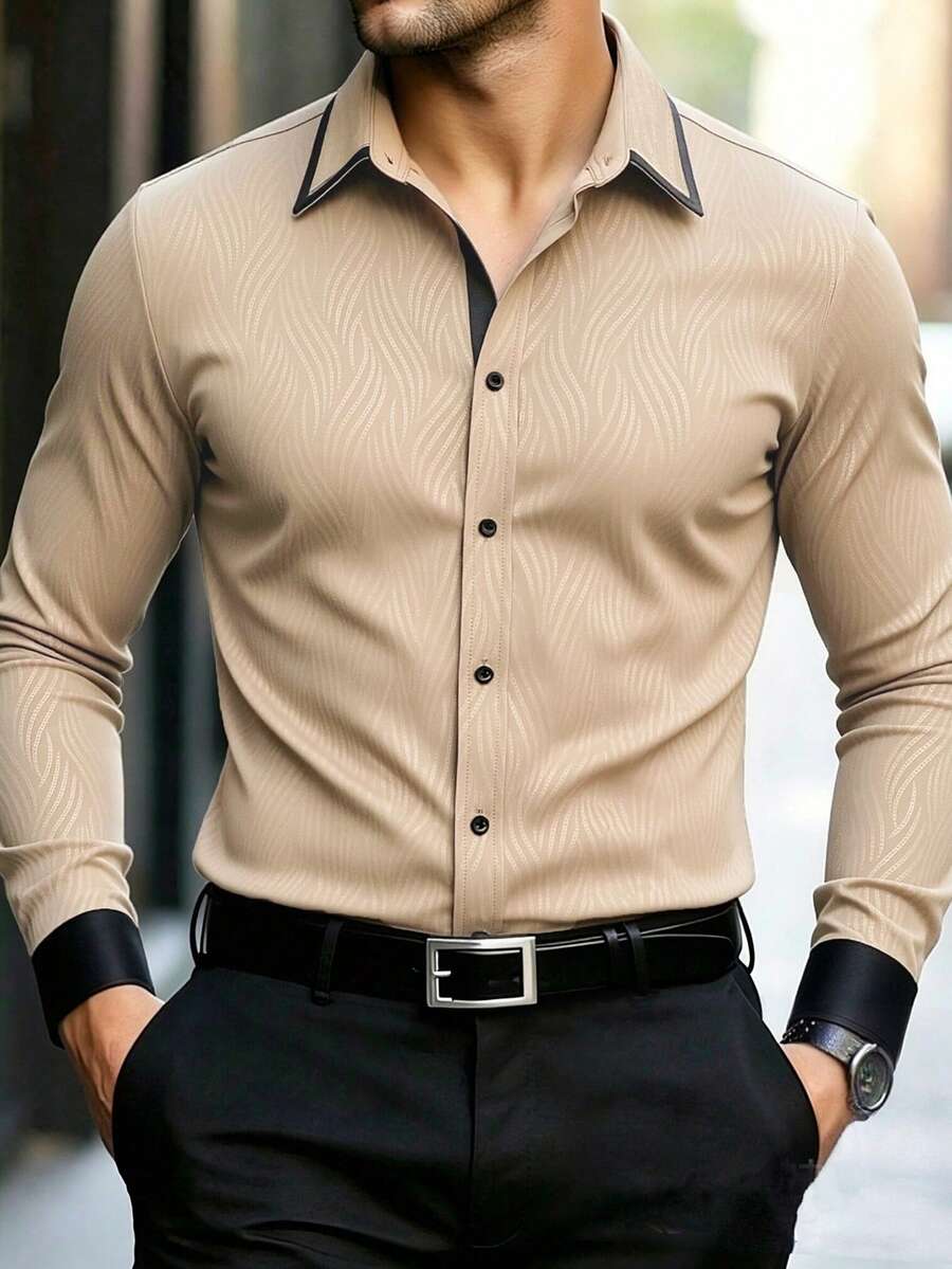 Manfinity Mode Kemeja Lengan Panjang Khaki Kasual Bisnis Pria, Atasan Fashion Kantor Formal Musim Gugur dengan Kancing Depan dan Kerah Tegak, Cocok untuk Hadiah Pesta Pernikahan, Upacara, dan Perjalanan Sehari-hari - Khaki - View 1
