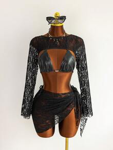 ROMWE Bộ bikini 4 món phong cách Gothic dành cho nữ, màu đen bóng, làm từ da giả, gồm áo khoác ren hoa hồng xuyên thấu, chân váy tam giác, điểm nhấn kim loại và quần buộc dây bên hông, trang phục đa năng cho bãi biển, lễ hội âm nhạc, tiệc tùng. - màu đen - Xem 6