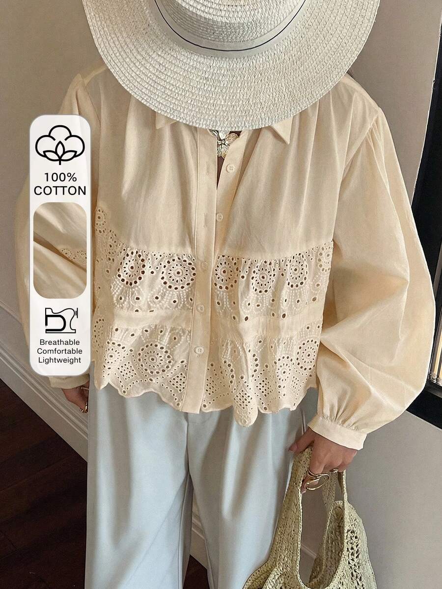 DAZY 女款拼接刺繡紋理布料燈籠袖翻領休閒優雅度假夏季襯衫 白色長袖 - 杏色 - 查看 1