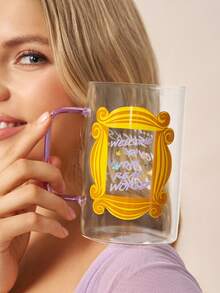 FRIENDS X SHEIN 1 Buah Mug Kaca Borosilikat Bergambar Kartun Lucu 27,1oz/800ml, Tahan Dingin dan Panas, Cocok untuk Susu, Jus, Kopi, dll., Bingkai Foto, Persahabatan, Selamat Datang di Dunia Nyata - Clear - View 5