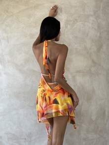 Aloruh 女士优雅深V领系带波点印花沙滩度假迷你连衣裙 - 彩色 - 查看 2