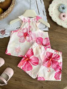 SHEIN Baby Girl Outfits 6Months-3year 2pcs/Set Beige Summer Cute Vacation Holiday Sleeveless Ruffled Flower Printing Top And Short Pants Casual Loose Suit - Hot Pink - View 2