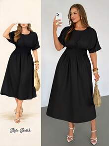 Auralis Plus Size Solid Color Round Neck Casual Daily Short Sleeve Dress - Black - View 6