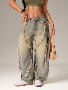 SHEIN PETITE 女士时尚百搭毛边口袋宽松休闲牛仔裤 - 藍色 - 查看 7